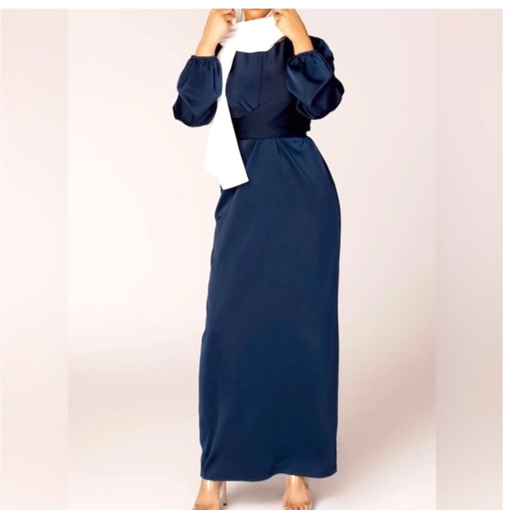 Veiled Collection Blue Satin Wrap Waist Dress